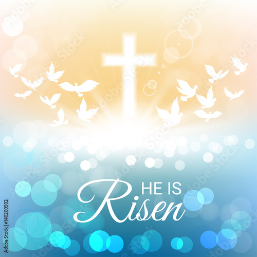 Shining and birds with He is risen text for Easter day