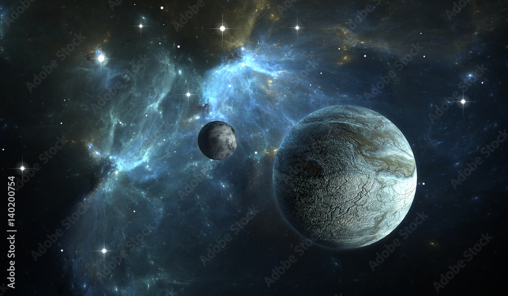 Fototapeta premium Extrasolar planet. Stone Planet with moon on background nebula.