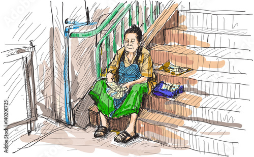 old woman sale lottery sketch drawing free hand  illustration