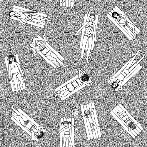 Seamless pattern of girls and women lying on air mattresses in the swimming pool, top view black and white illustration