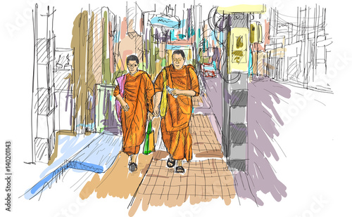 sketch of young buddhist monks walking on street in Thai, Chiangmai, free hand draw vector illustration