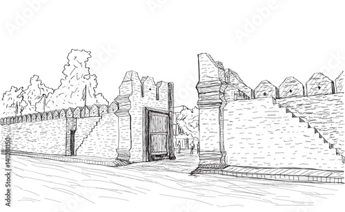 sketch of old gate Tha Phae gate in Thailand, Chiangmai free hand draw vector illustration