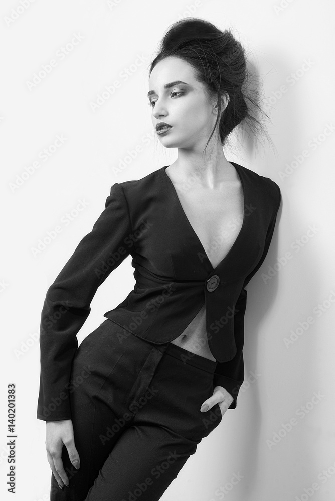 Beautiful sexy woman wear silk velvet suit clothes for businesswoman office style casual girl with dark hair fashion catalog lady perfect face cosmetic and body makeup meeting walk interior room. Beautiful sexy woman wear silk velvet suit clothes for businesswoman office style casual girl with dark hair fashion catalog lady perfect face cosmetic and body makeup meeting walk interior room.