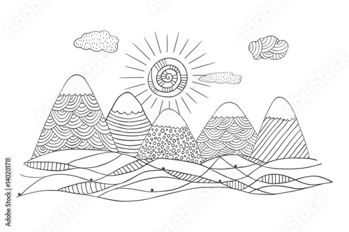 Mountains in hand drawn style with cute sun and clouds. Vector landscape in black and white.
