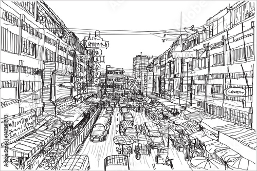 sketch city scape Thai local market place in Chiangmai, free hand draw vector illustration