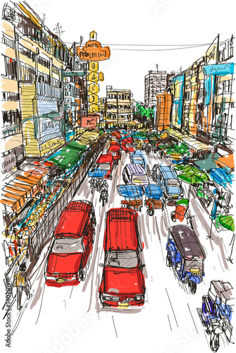 sketch Thai local market place in Chiangmai, free hand draw vector illustration