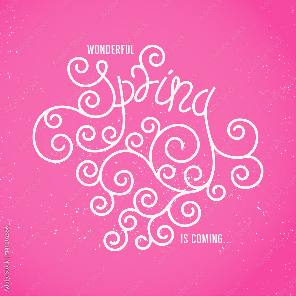 Beautiful spring. Vector hand lettering with elegant swashes placed on vibrant pink round blot. Iolated on white background