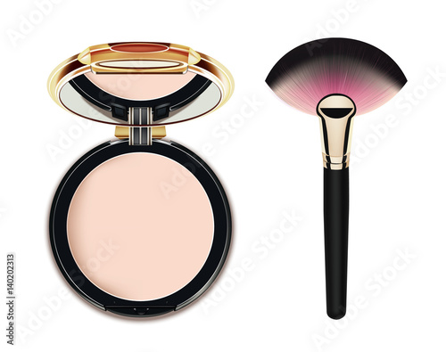 Face Cosmetic Makeup Powder in Black and gold Case with Mirror and make-up brush Top View Isolated on White Background.