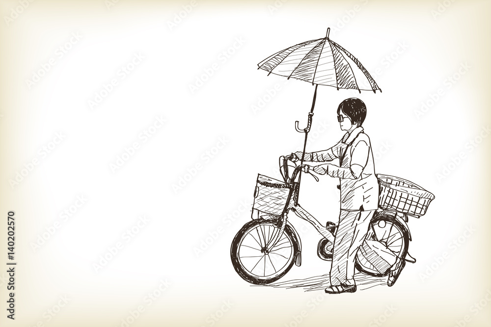 Obraz premium a girl riding bicycle to market and adapting umbrella on bicycle, free hand drawing sketch vector illustration