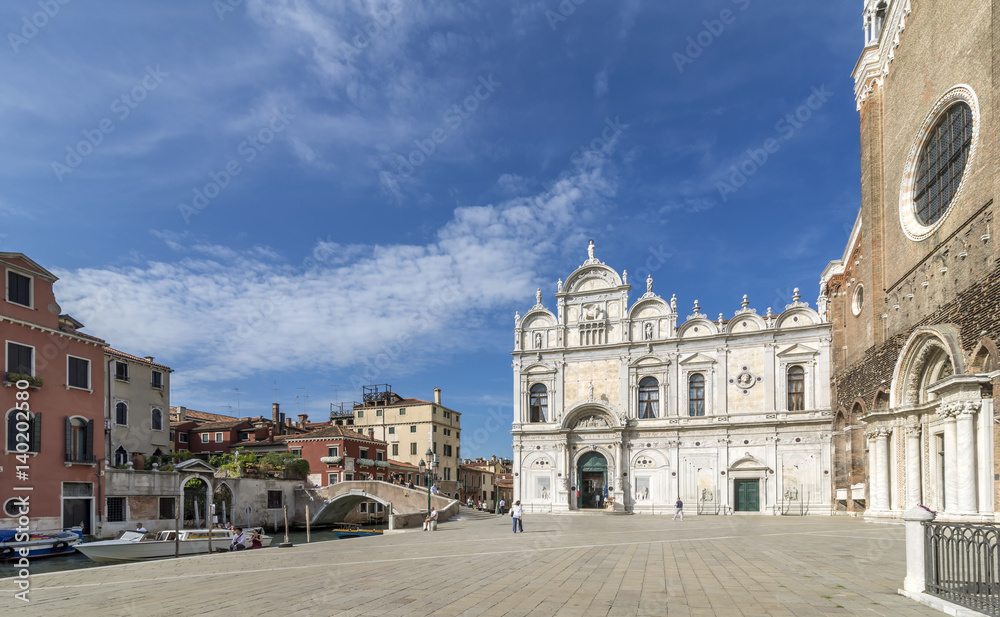 The beautiful Venetian square called Campo Santi Giovanni e Paolo, Venice, Italy, with the facade of the Basilica San Zanipolo