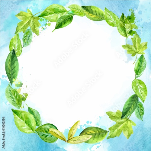 Round frame made of various leaves in watercolor. Hand-painted design elements. blue background