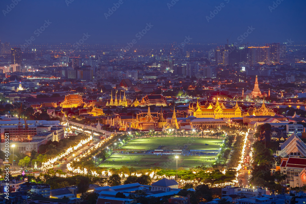 Bangkok sky Landscape of Thai's king palace with wat Arun and Bangkok night in Bangkok city, Thailand
