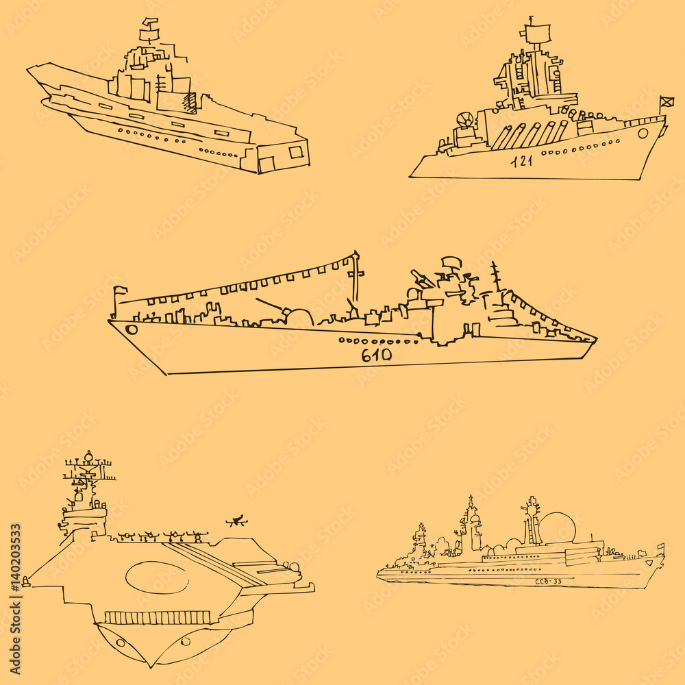 Naklejka premium Warships. Sketch by hand. Pencil drawing by hand. Vector image. The image is thin lines. Vintage