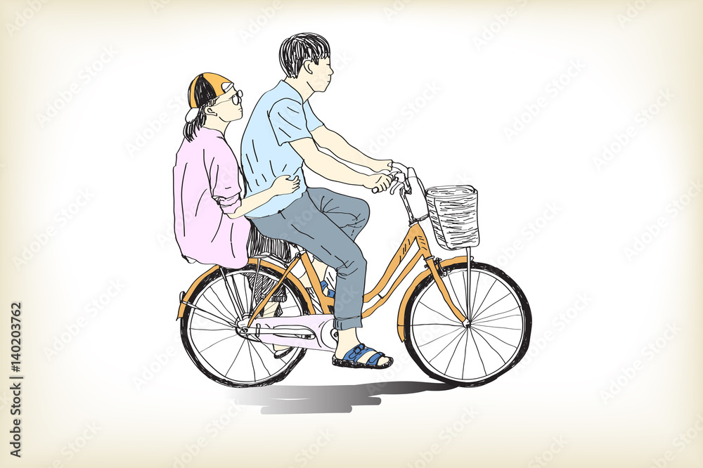 riding bicycle boy an girl free hand drawing, vector and illustration riding bicycle boy an girl free hand drawing, vector and illustration