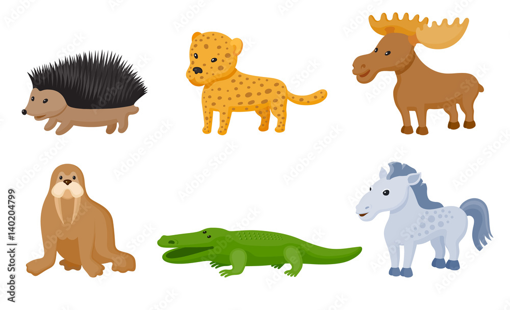 Obraz premium Zoo wild animals colorful set. Vector illustration