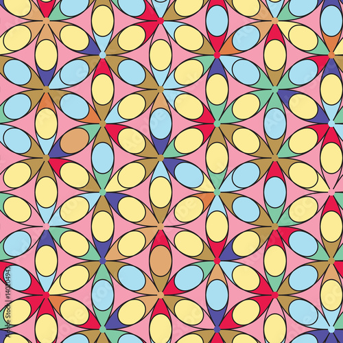 Seamless vector symmetrical flowers pattern in vibrant sweet candy colors. Endless texture for documents, textile, wrap or wallpaper.