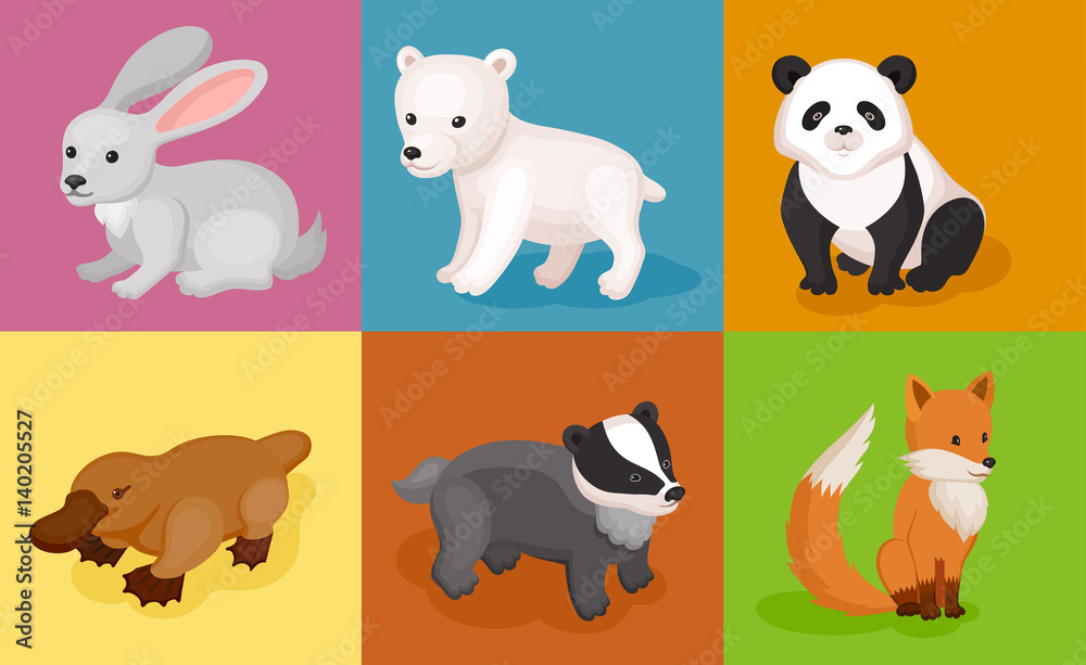 Zoo wild animals colorful set. Vector illustration