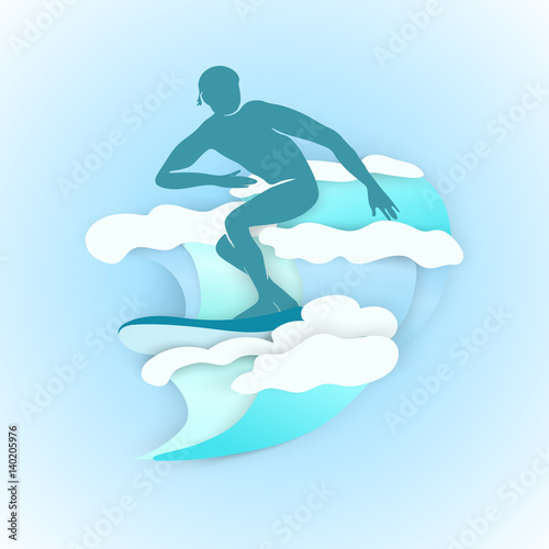 Vector illustration silhouette of men on surfboard sliding on sea waves