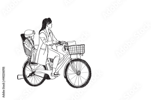 riding bicycle mom and boy, free hand drawing, vector and illustration