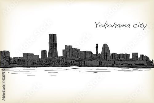 city scape skyline of Yokohama in Japan free hand drawing  vector and illustration