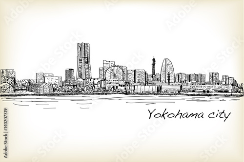 city scape skyline of Yokohama in Japan free hand drawing, vector and illustration