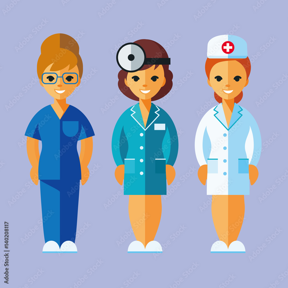 Medical occupation characters woman set in flat style. Nurse, doctor, surgeon. Medical occupation characters woman set in flat style. Nurse, doctor, surgeon.