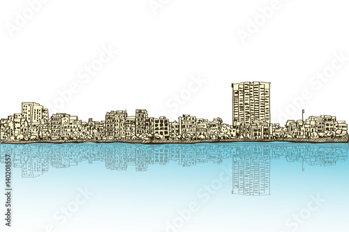 city scape free hand drawing, Hanoi city, vector and illustration