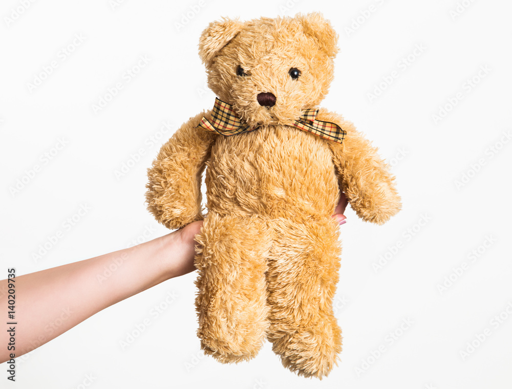 Mother holds small brown toy bear on palm isolated on white background. Horizontal color photography.