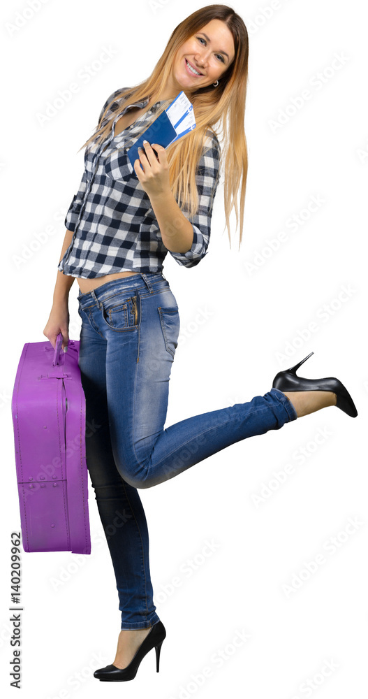 female tourist handing airline ticket, isolated on white female tourist handing airline ticket, isolated on white