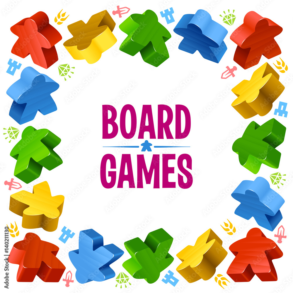 Square frame of multicolor meeples for board games. Game pieces and