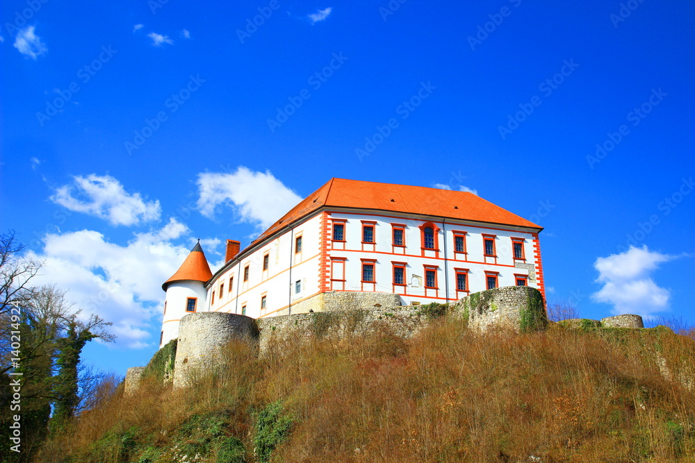 Castle on hill, blue sky in background, Ozalj, Croatia