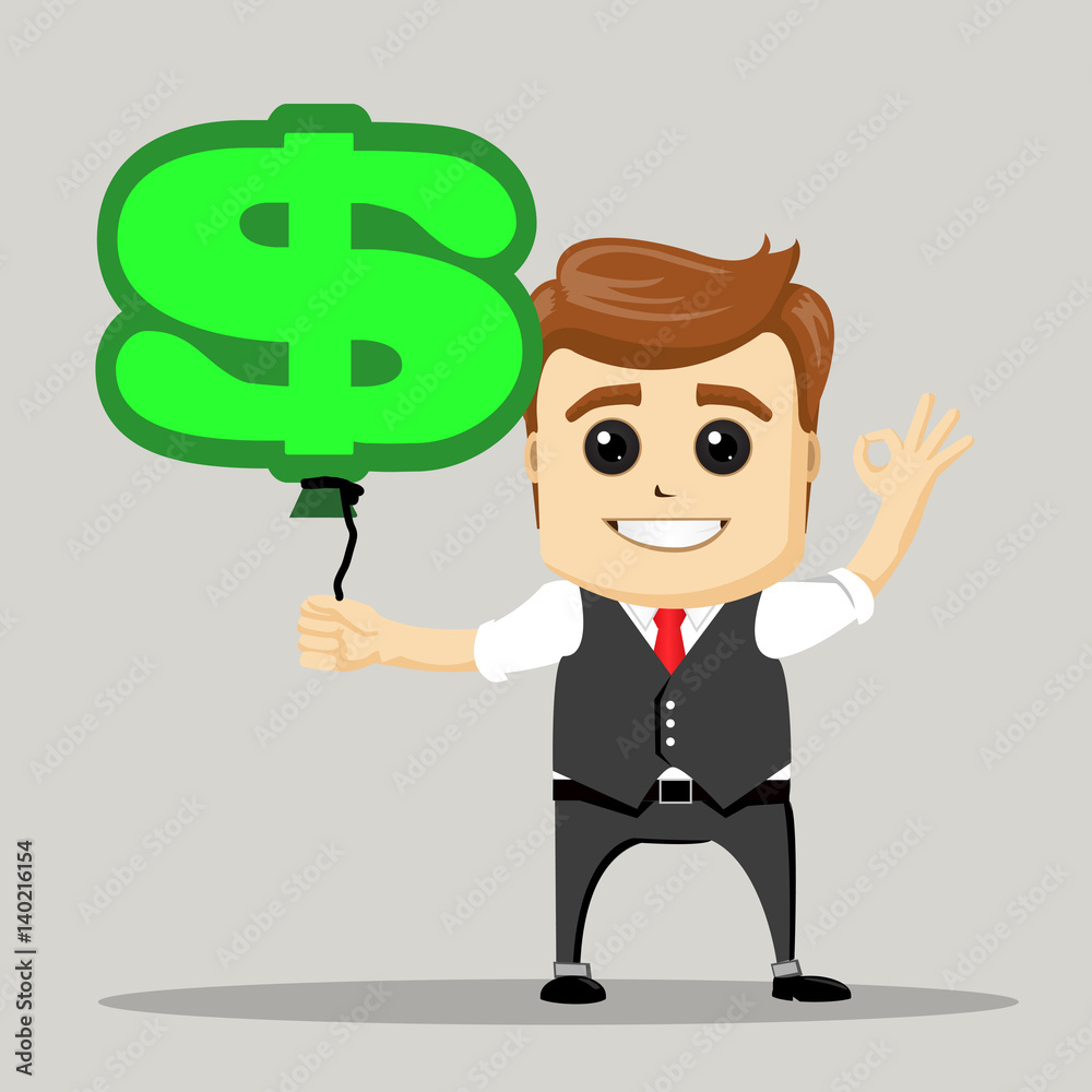 Businessman and dollar shape balloon. Dollar with helium. Businessman and dollar shape balloon. Dollar with helium.