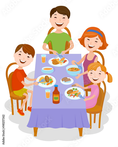 Cute cartoon family dined at the table