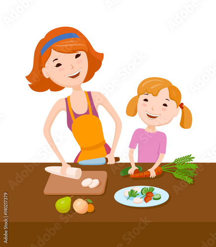 Mom teaches daughter to cook