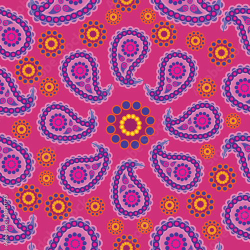 India. Folk pattern. Seamless pattern. Traditional folk pattern with Paisley. Bright, colorful. Design for textiles, wall hangings, wrapping paper.
