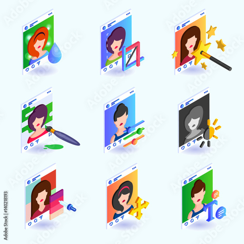 Photo editing instruments for a social network. Isometric vector illustration.