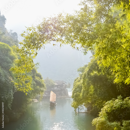 China, travel, Sailing, Chinese fishing boat,Three Gorges Tribe scenic spot.