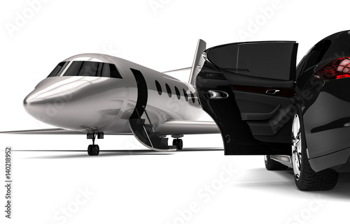 Private jet with a Luxury Car   3D render image representing an private jet with a luxury car 