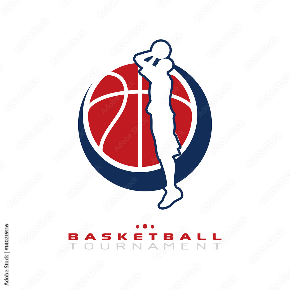 Basketball tournament logo. Silhouette of basketball player jump shoots for  the hoop isolated on white background. Stock Vector | Adobe Stock