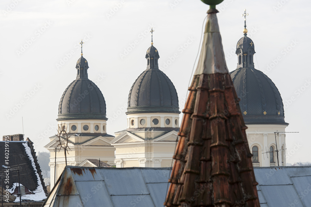 Unusual view of Lviv from top floor window
