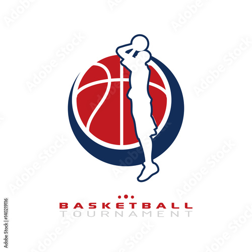 Basketball tournament logo. Silhouette of basketball player jump shoots for the hoop isolated on white background.