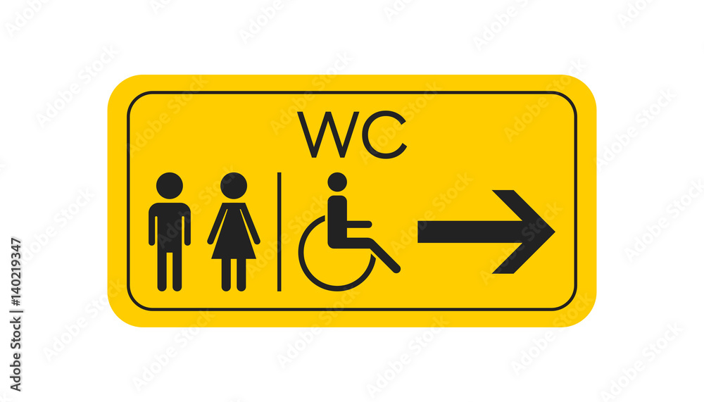 WC, toilet vector icon . Men and women sign for restroom on yellow board. WC, toilet vector icon . Men and women sign for restroom on yellow board.