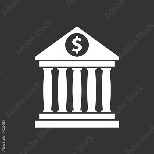 Bank building icon with dollar sign in flat style. Museum vector illustration on black background.