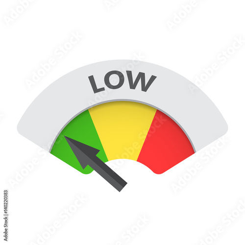 Low level risk gauge vector icon. Low fuel illustration on white background.