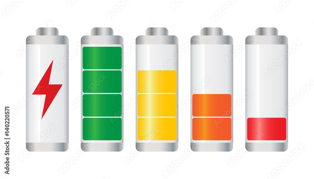 Set of battery charge level indicator. Vector illustration on white background. Set of battery charge level indicator. Vector illustration on white background.