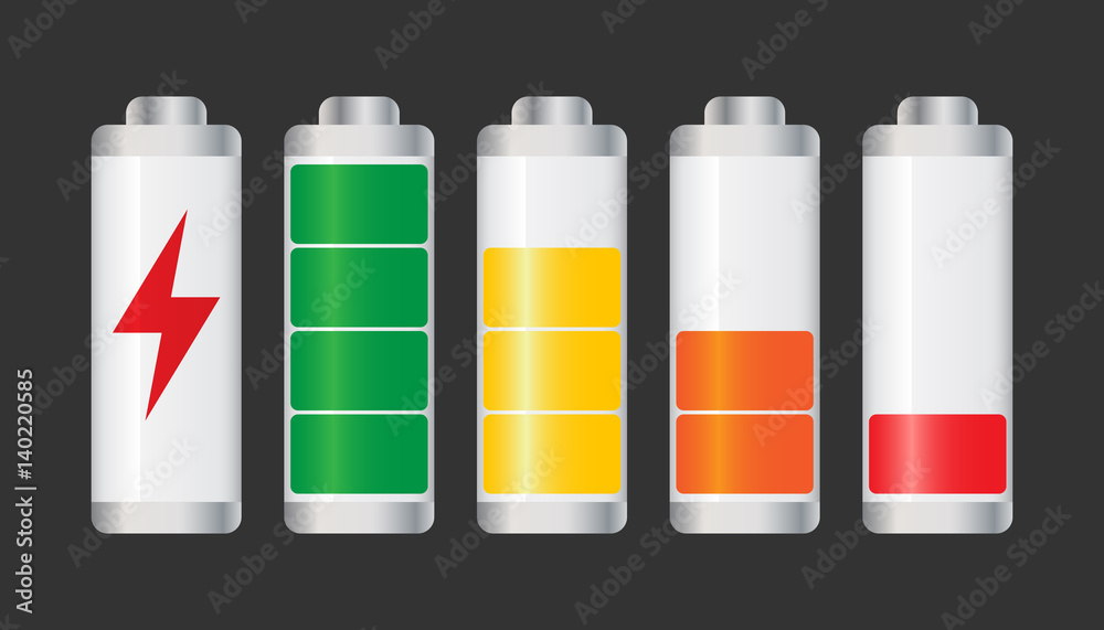 Set of battery charge level indicator. Vector illustration on black background. Set of battery charge level indicator. Vector illustration on black background.