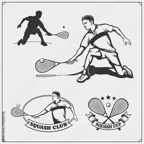 Squash labels, emblems, badges, design elements and silhouette of player. Black and white.