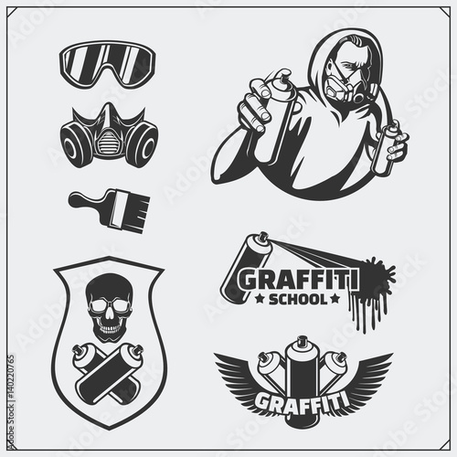 Set of graffiti school and street art labels, badges, emblems and design elements. 