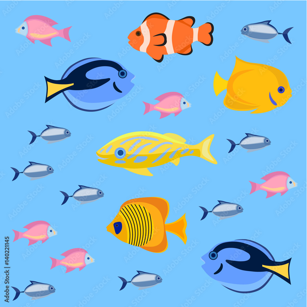 Fototapeta premium Sea and ocean fish colorful bright set