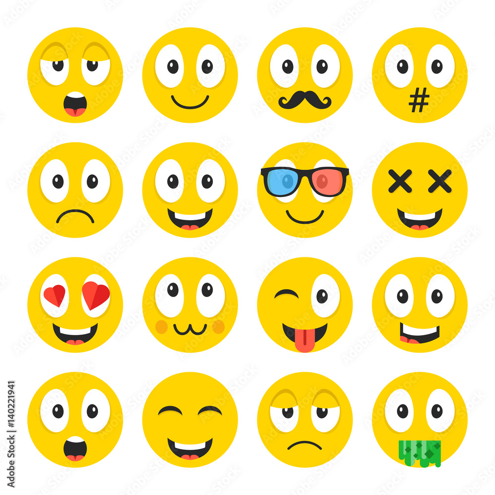 Emoji set. Funny cartoon emoticons, cute smiley faces with different face  expressions, emotions. Happiness, anger, love, adoration, sadness, etc.  Creative vector icons set Stock Vector | Adobe Stock